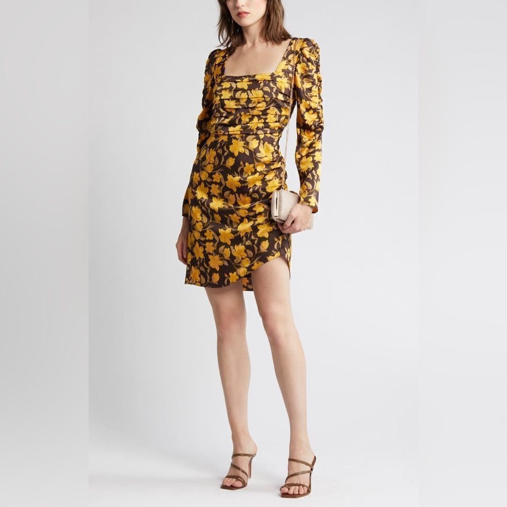 Floret Studios Yellow Brown Long Sleeve Floral Print Mini Dress